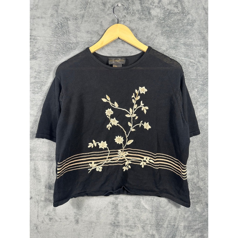 Requirements Black Floral Embroidered Short Sleeve Knit Sweater Top XL Ramie
